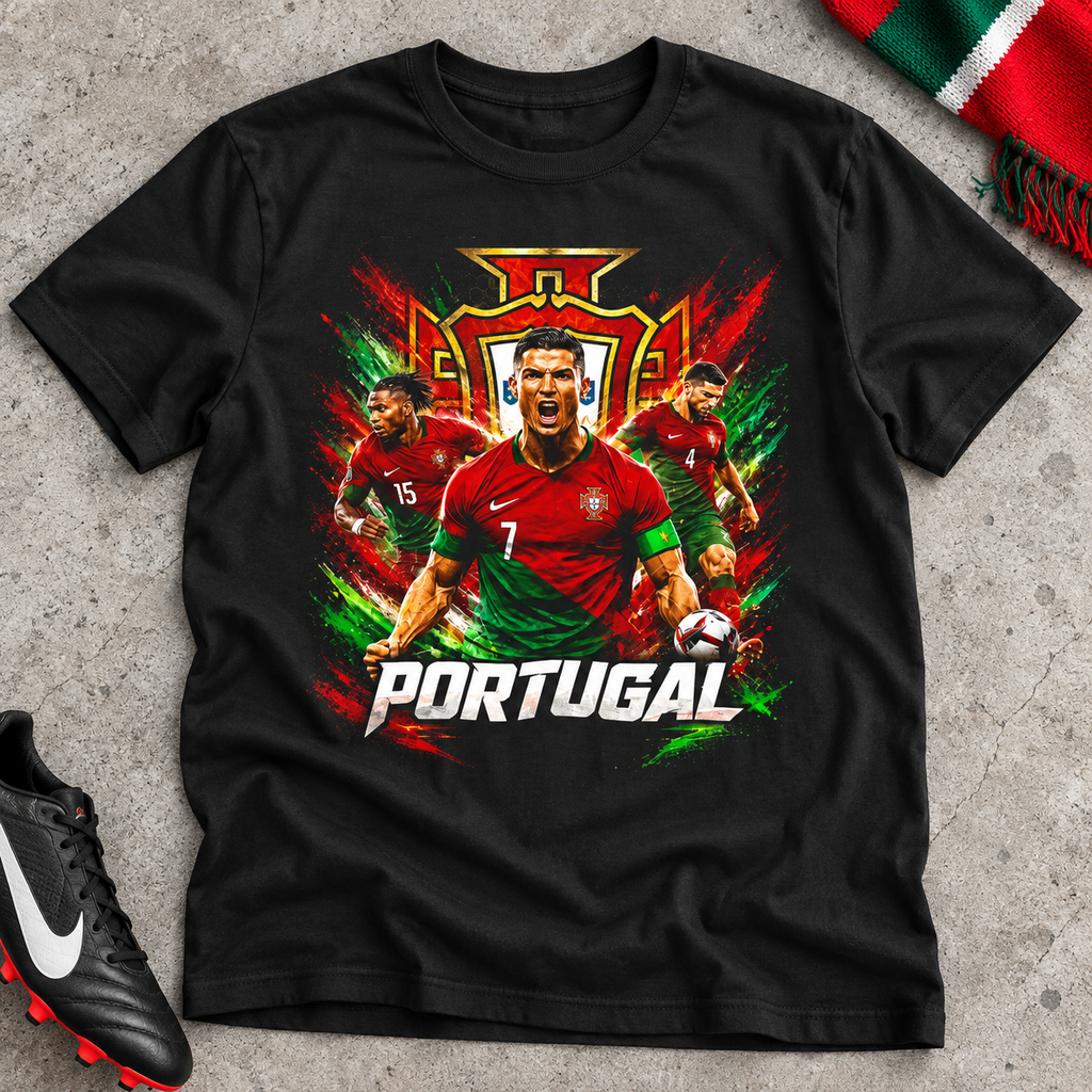 Cristiano Ronaldo Portugal Soccer Shirt | Football Fan Tee close-up lifestyle lay-flat photo