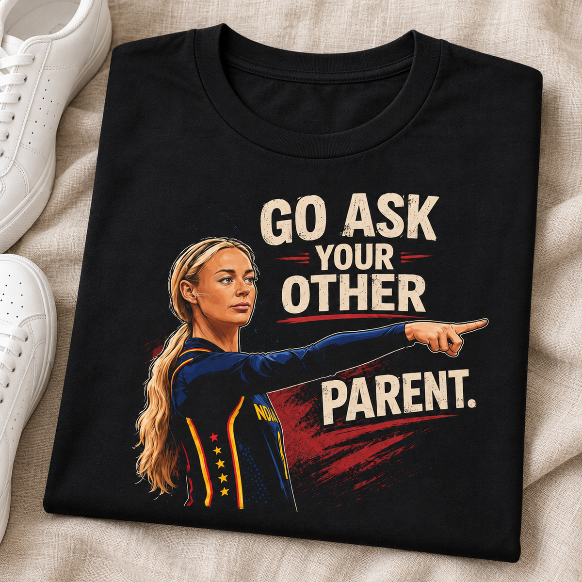 Indiana Fever – Sophie Cunningham – Go Ask Your Other Parent T-Shirt folded lifestyle main photo