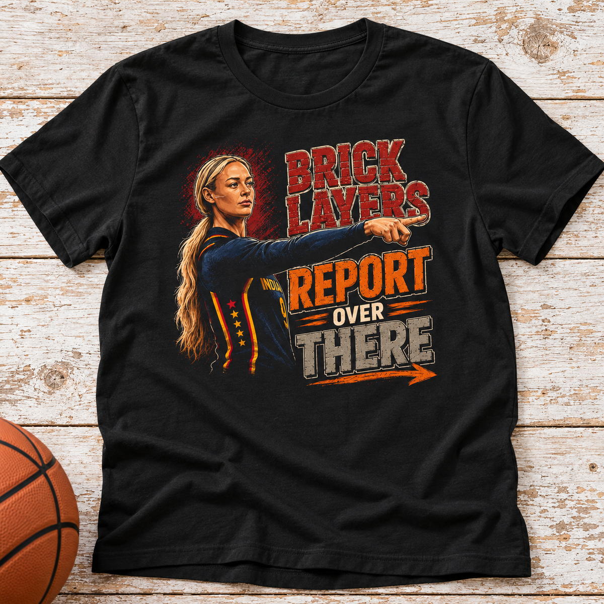 Indiana Fever – Sophie Cunningham – Brick Layers Report T-Shirt lay-flat lifestyle main photo