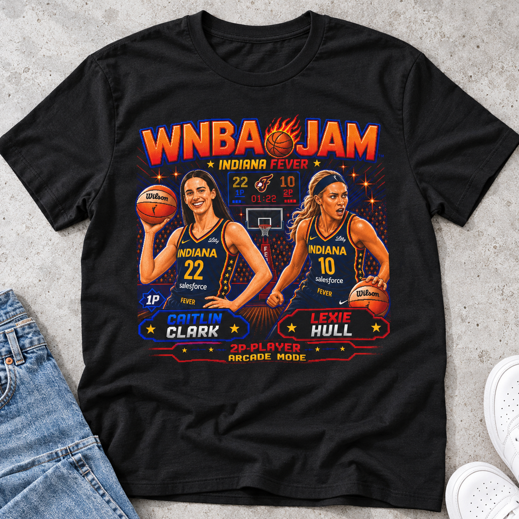 Indiana Fever – Caitlin Clark & Lexie Hull – WNBA JAM T-Shirt lay-flat lifestyle main photo