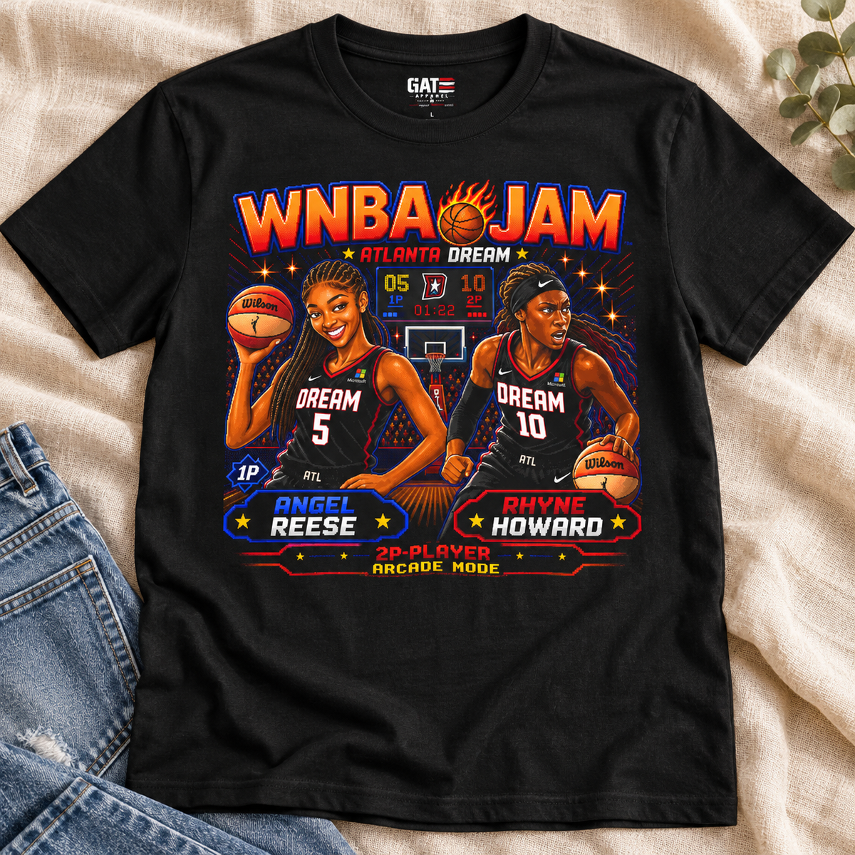 Atlanta Dream – Angel Reese & Rhyne Howard – WNBA JAM T-Shirt lay-flat lifestyle main photo