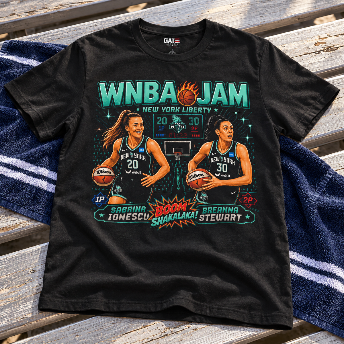 New York Liberty – Sabrina Ionescu & Breanna Stewart – WNBA JAM T-Shirt lay-flat lifestyle main photo