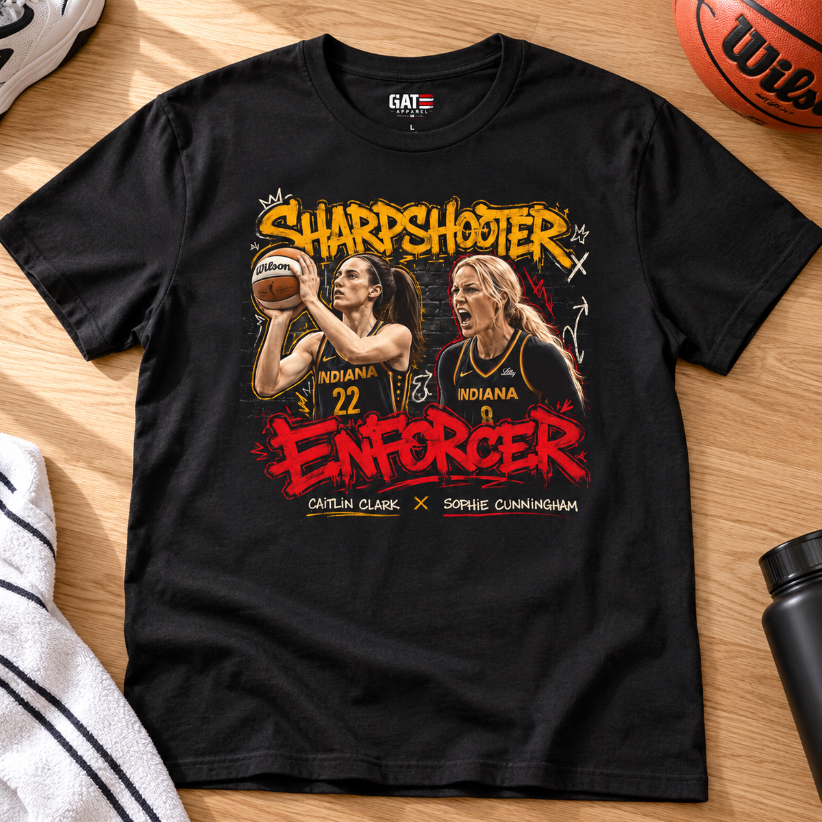 Indiana Fever – Caitlin Clark & Sophie Cunningham – Retro ’80s T-Shirt lay-flat lifestyle main photo