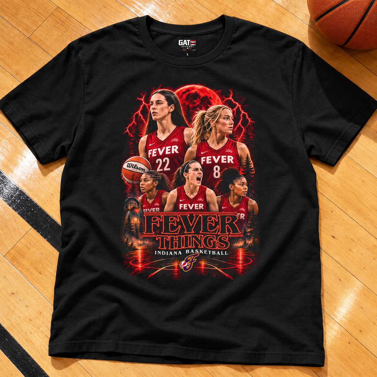 Indiana Fever – Caitlin Clark & Sophie Cunningham – T-Shirt lay-flat lifestyle main photo