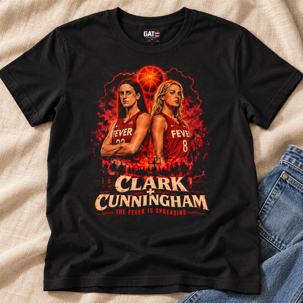 Indiana Fever – Caitlin Clark & Sophie Cunningham – Basketball T-Shirt Style 3 lay-flat lifestyle main photo