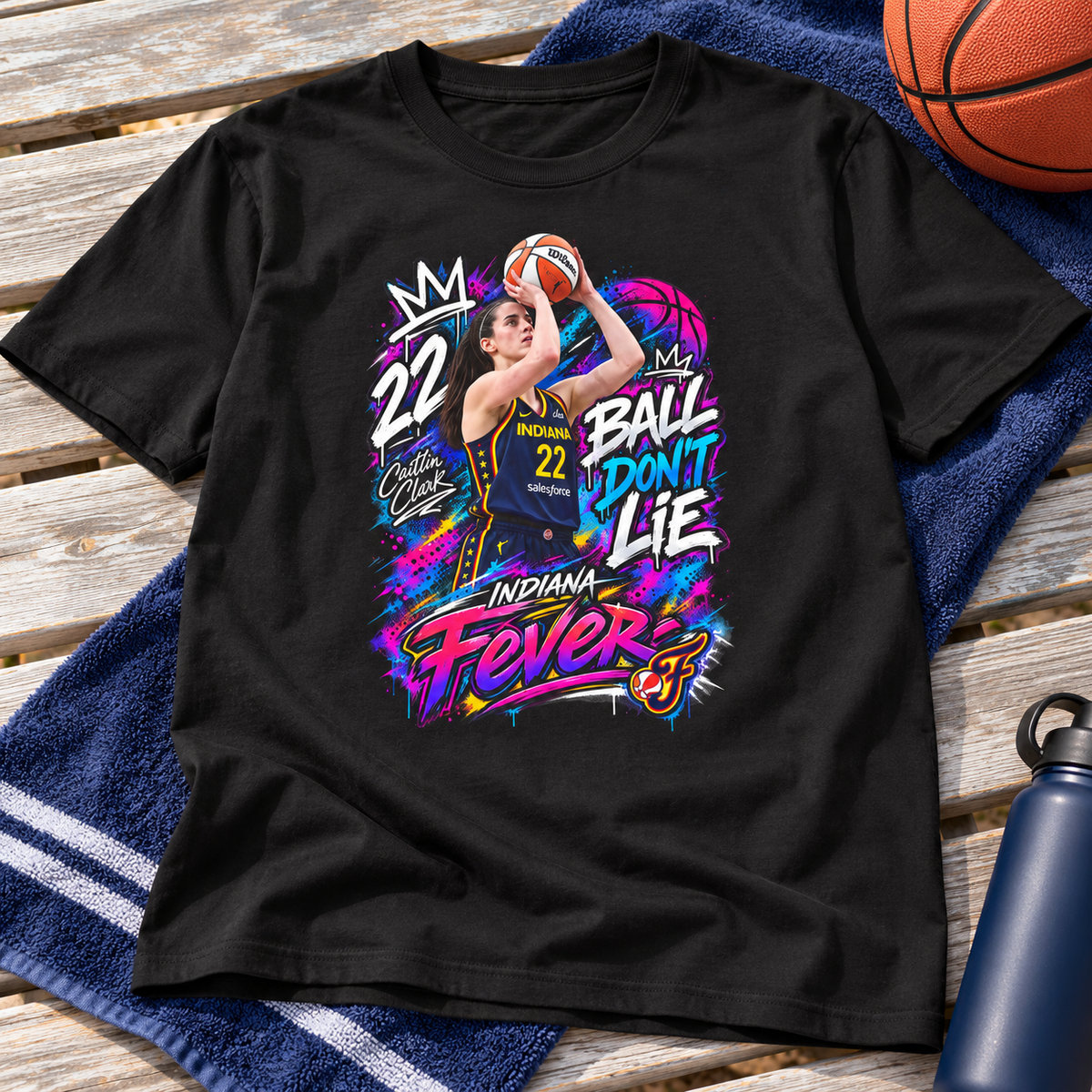 Indiana Fever – Caitlin Clark & Sophie Cunningham – Basketball T-Shirt Style 2 lay-flat lifestyle main photo