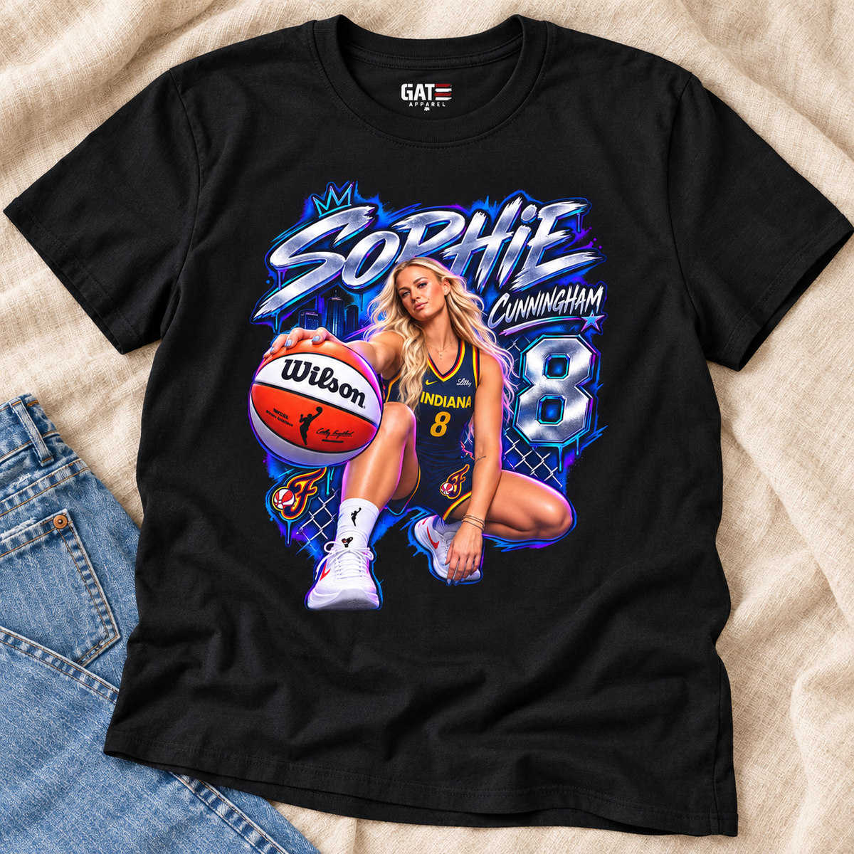 Indiana Fever – Sophie Cunningham – Basketball T-Shirt lay-flat lifestyle main photo