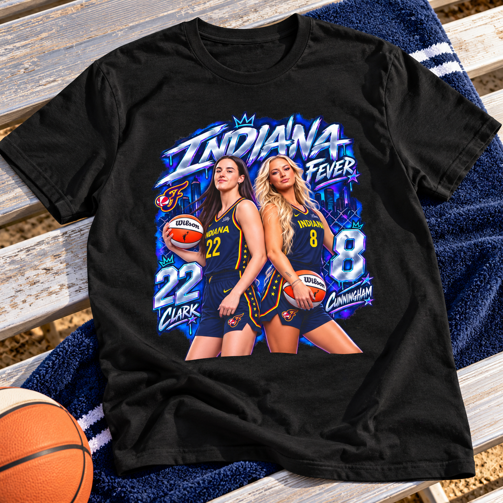 Indiana Fever – Caitlin Clark & Sophie Cunningham – Neon Duo Graphic Tee lay-flat lifestyle main photo