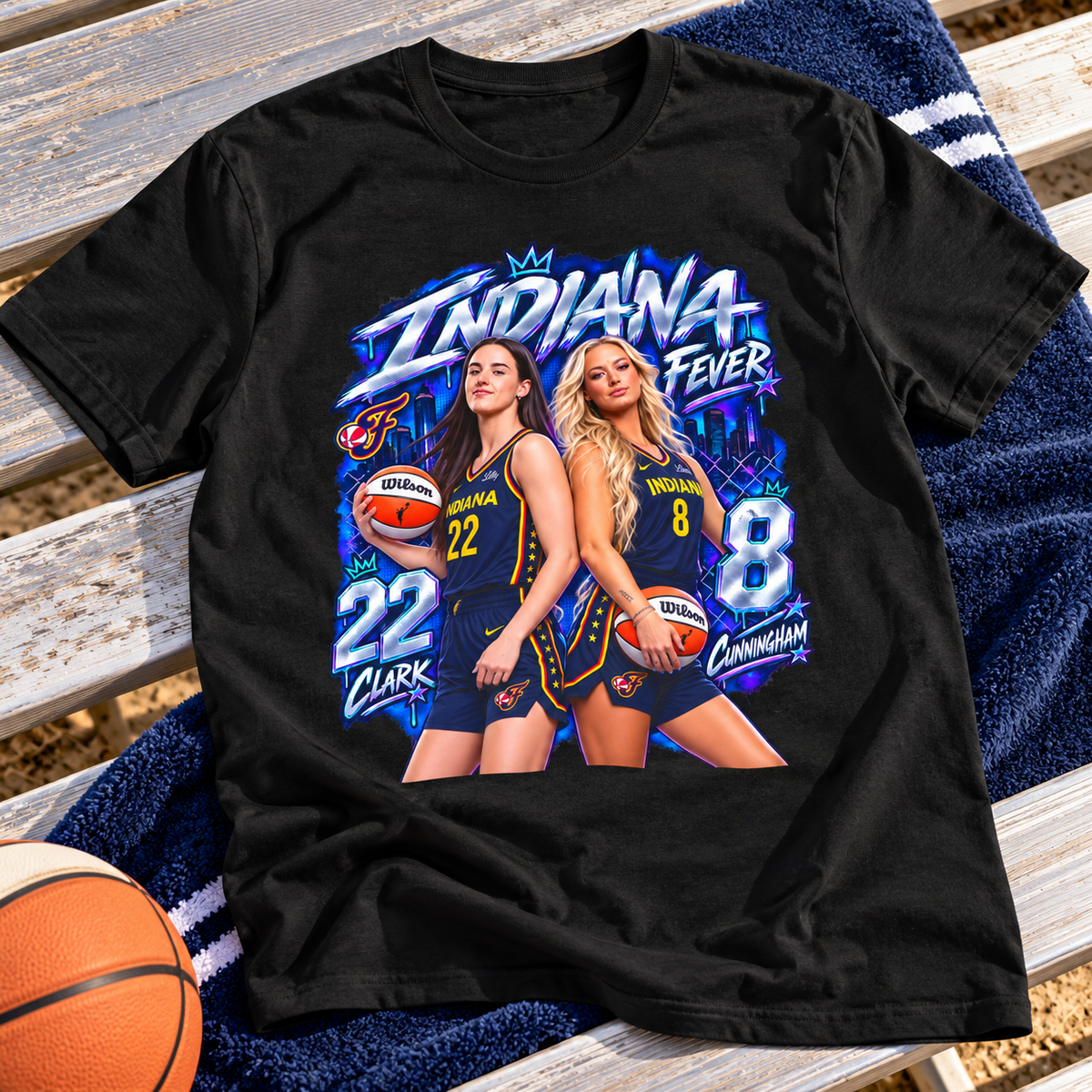 Indiana Fever – Caitlin Clark & Sophie Cunningham – Neon Duo Graphic Tee lay-flat lifestyle main photo
