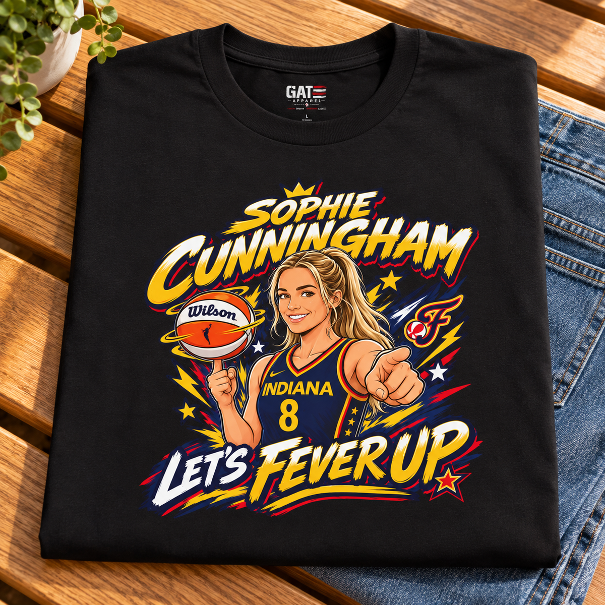 Indiana Fever – Sophie Cunningham – #8 Fever Up T-Shirt folded lifestyle main photo