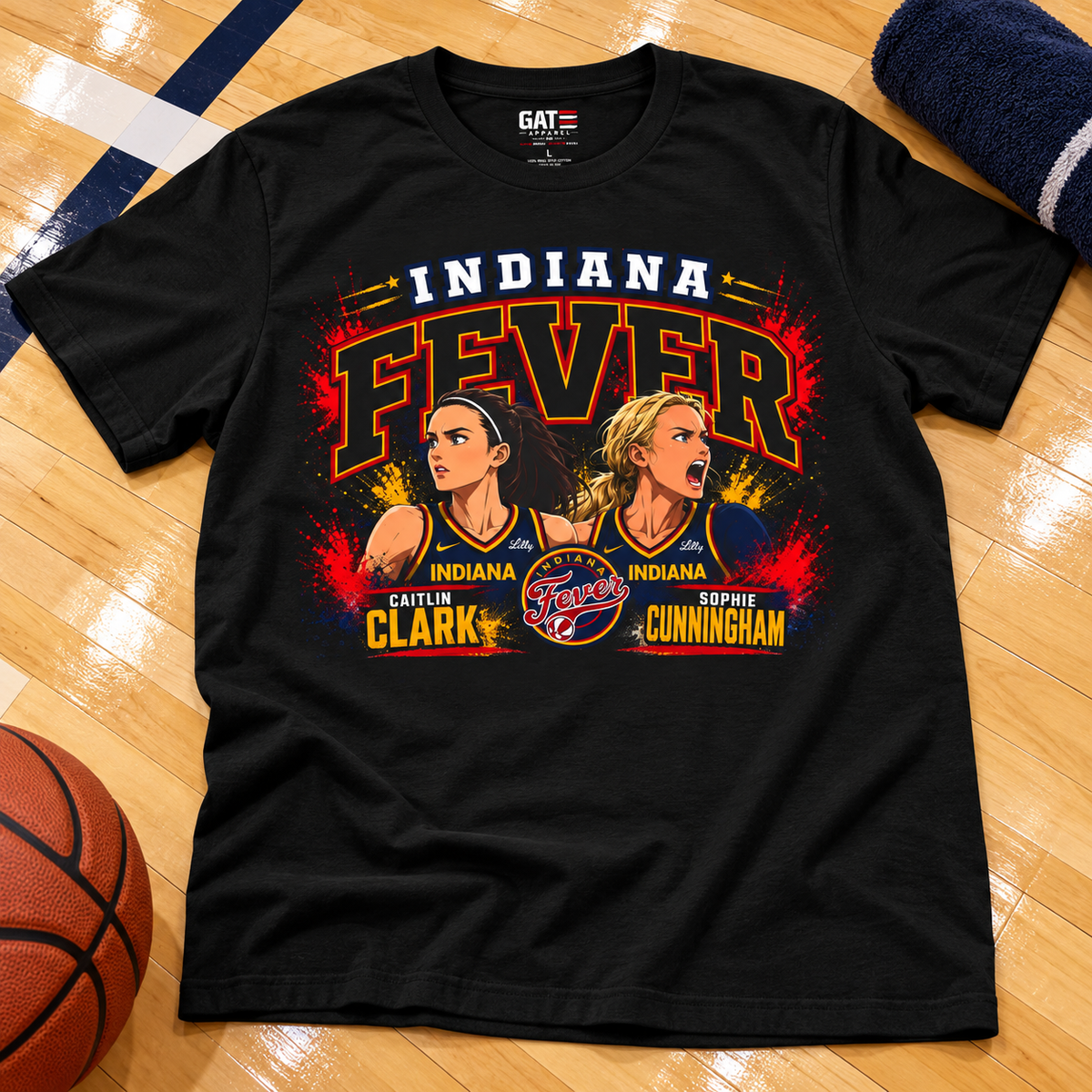 Indiana Fever – Caitlin Clark & Sophie Cunningham – Anime T-Shirt lay-flat lifestyle main photo