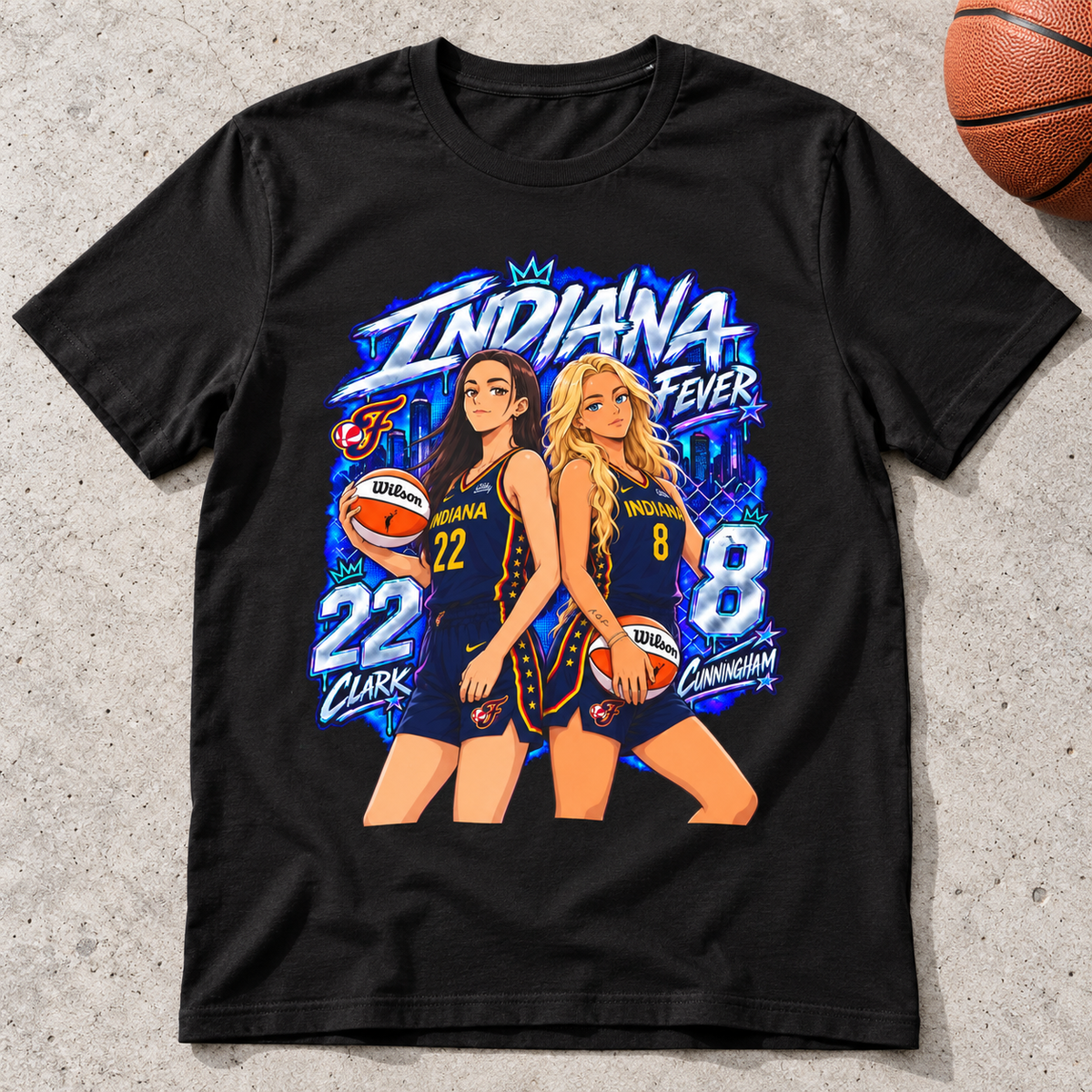 Indiana Fever – Caitlin Clark & Sophie Cunningham – Anime T-Shirt Style 2 lay-flat lifestyle main photo