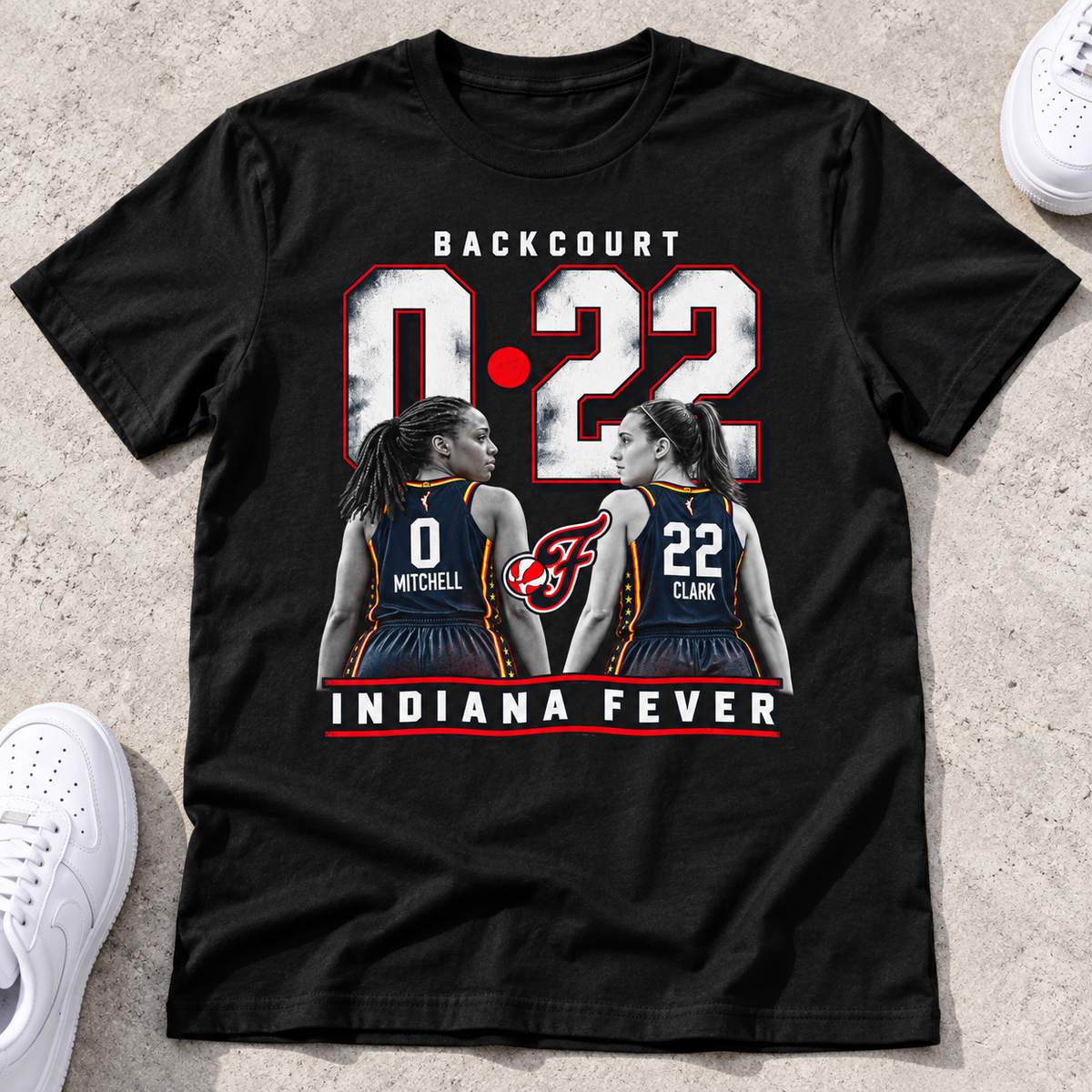 Indiana Fever – Caitlin Clark & Kelsey Mitchell – The Backcourt Basketball T-Shirt lay-flat lifestyle main photo