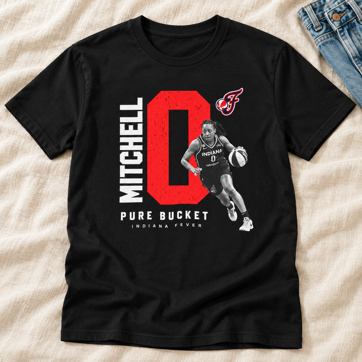 Indiana Fever – Kelsey Mitchell – Basketball T-Shirt lay-flat lifestyle main photo