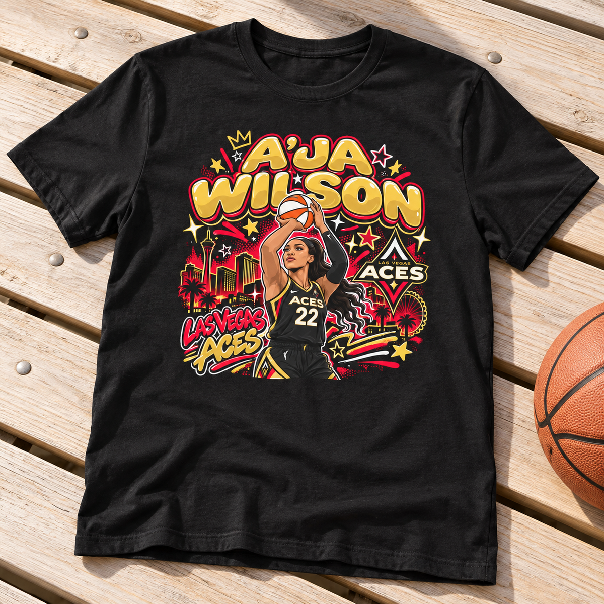 Las Vegas Aces – A'ja Wilson – Shirt – WNBA Player Graphic Tee lay-flat lifestyle main photo