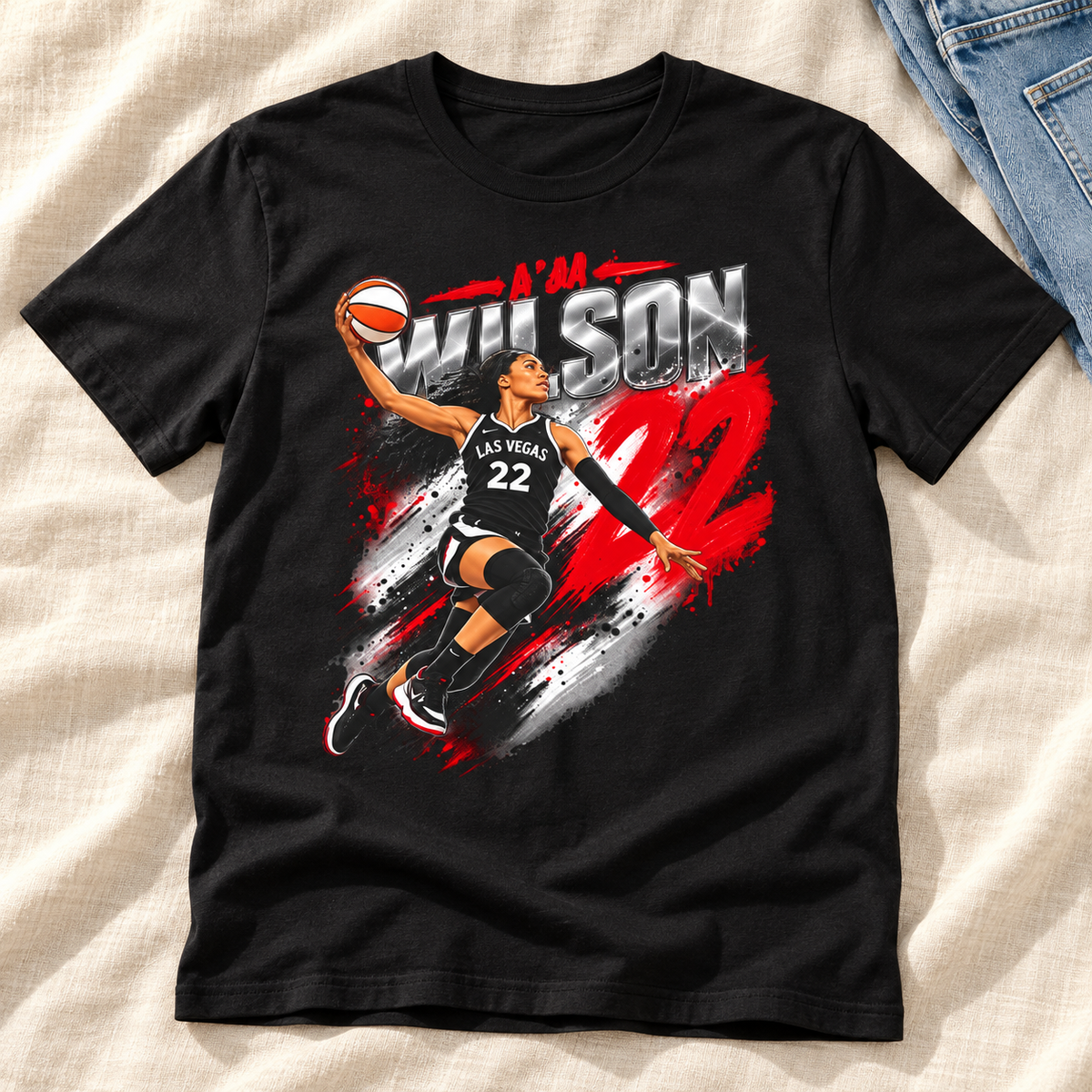 Las Vegas Aces – A'ja Wilson #22 Shirt | Action Graphic Tee lay-flat lifestyle main photo