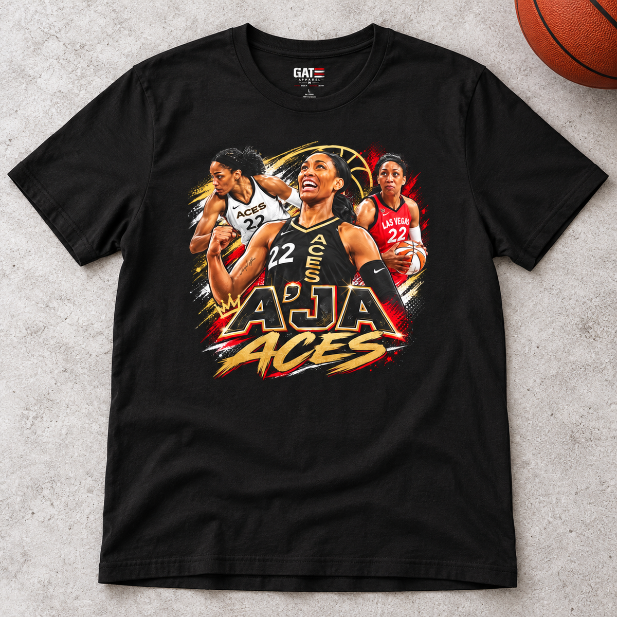 Las Vegas Aces – A'ja Wilson – Shirt – WNBA Basketball Graphic Tee lay-flat lifestyle main photo