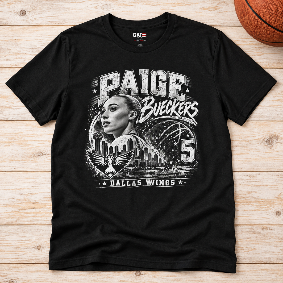 Dallas Wings – Paige Bueckers – Tribute T-Shirt — Vintage Basketball Portrait Tee lay-flat lifestyle main photo