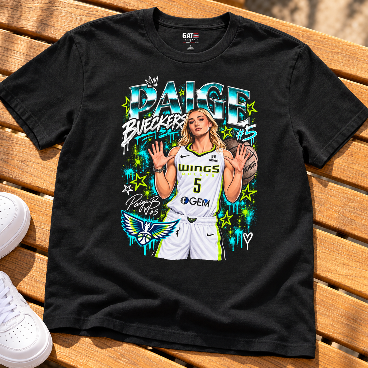 Dallas Wings – Paige Bueckers – Basketball Graphic Tee — #5 Fan Shirt lay-flat lifestyle main photo