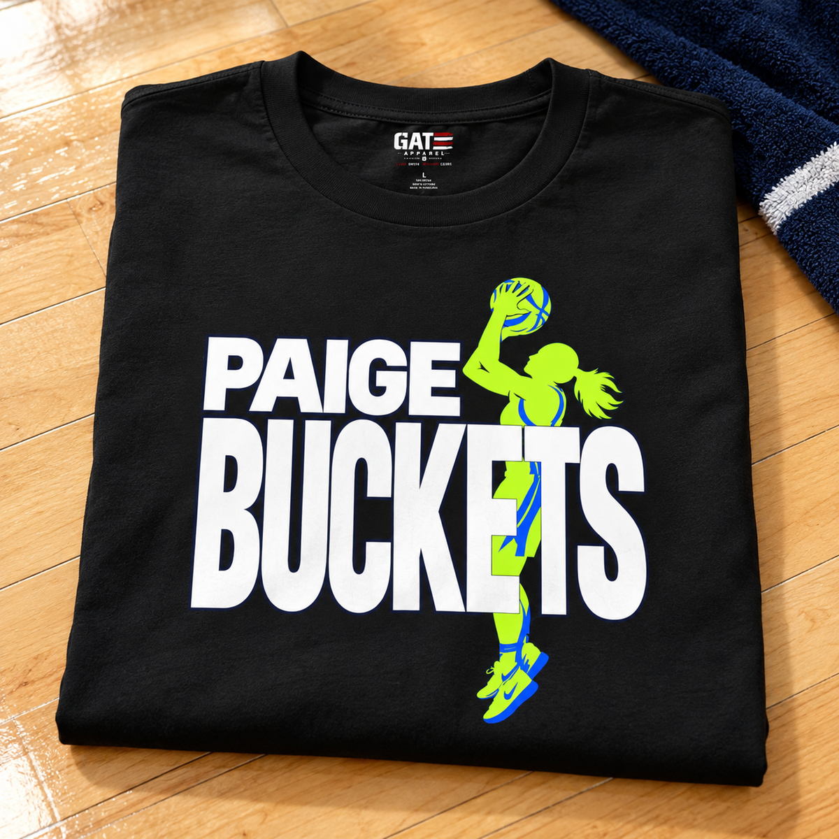 Dallas Wings – Paige Bueckers – Paige Buckets Basketball Tee — Retro Player Graphic Shirt folded lifestyle main photo