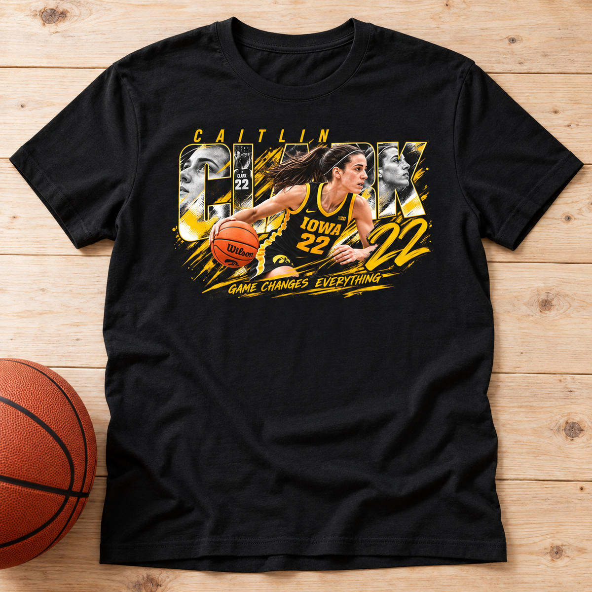 Indiana Fever – Caitlin Clark – Iowa Basketball T-Shirt | Retro Player Graphic Tee lay-flat lifestyle main photo